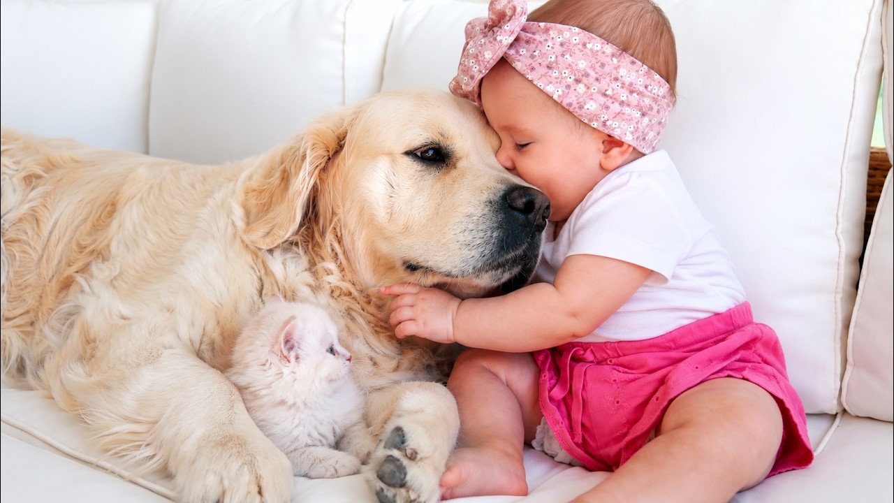 Baby finds the perfect cuddle buddy in golden retriever