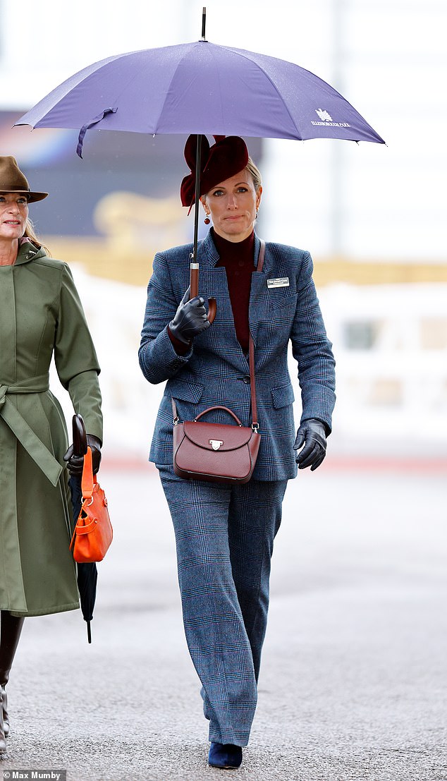 Looking brolly good! Zara Tindall braves the rain at Cheltenham races ...