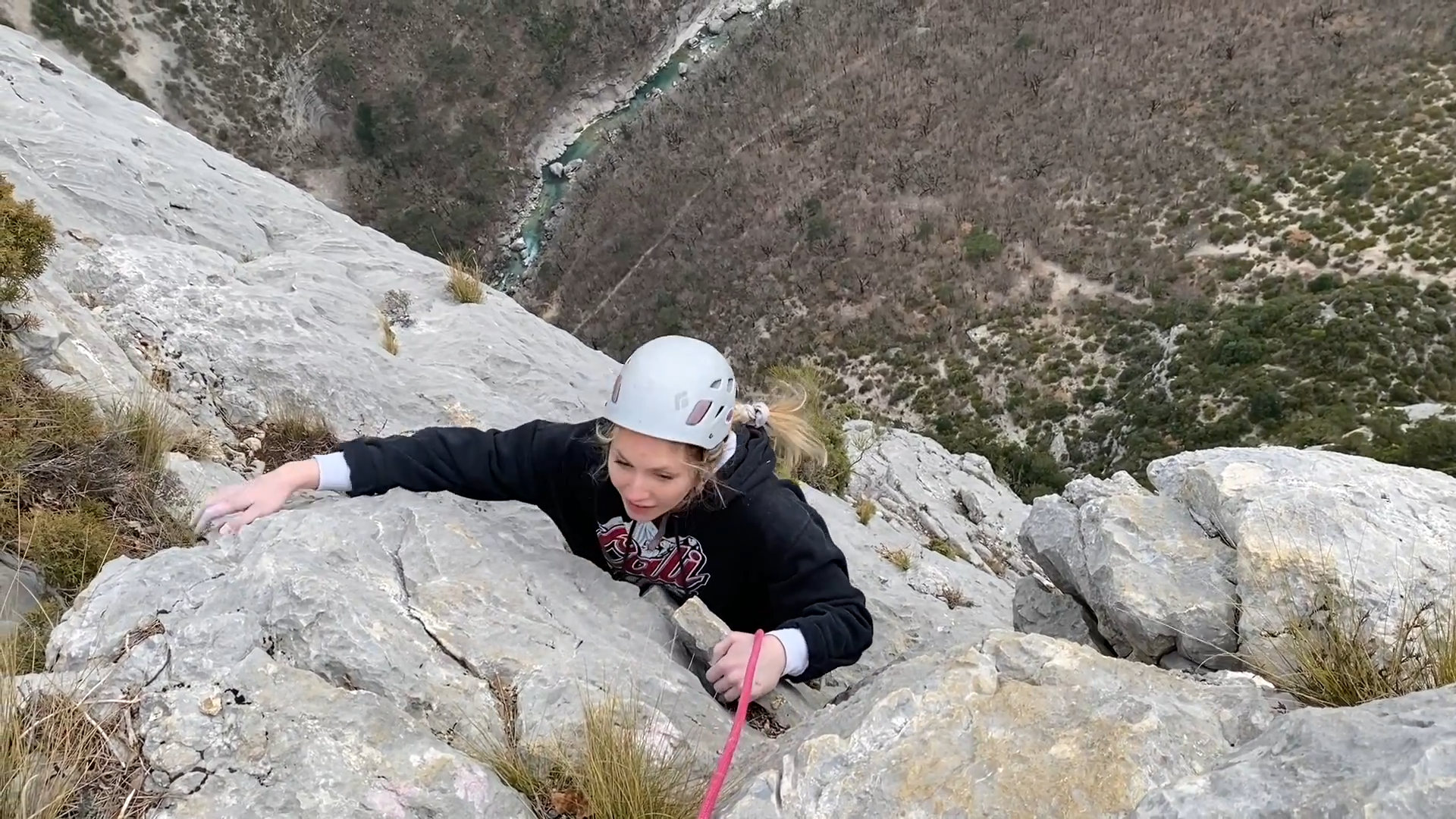 French canyon climb leads to a vertical descent inside the rock