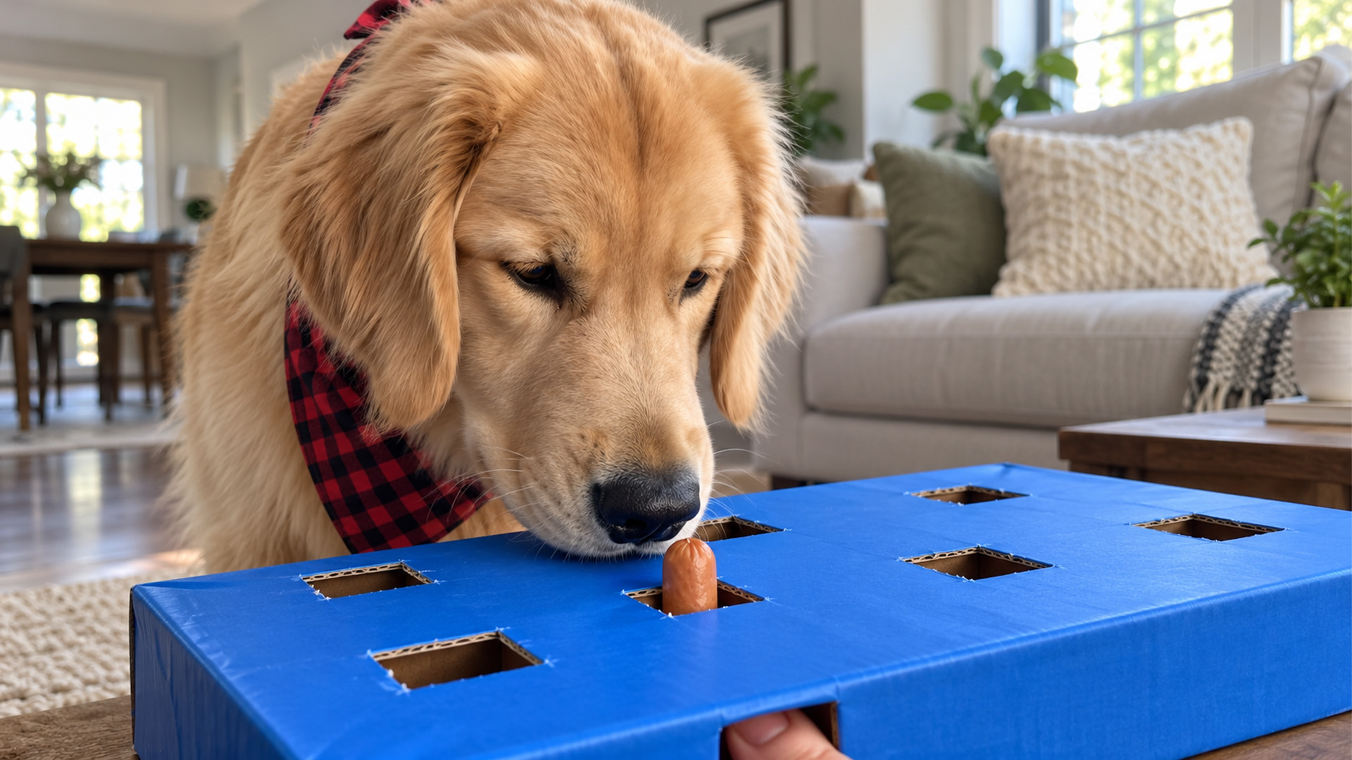 Golden retriever takes the wiener box challenge