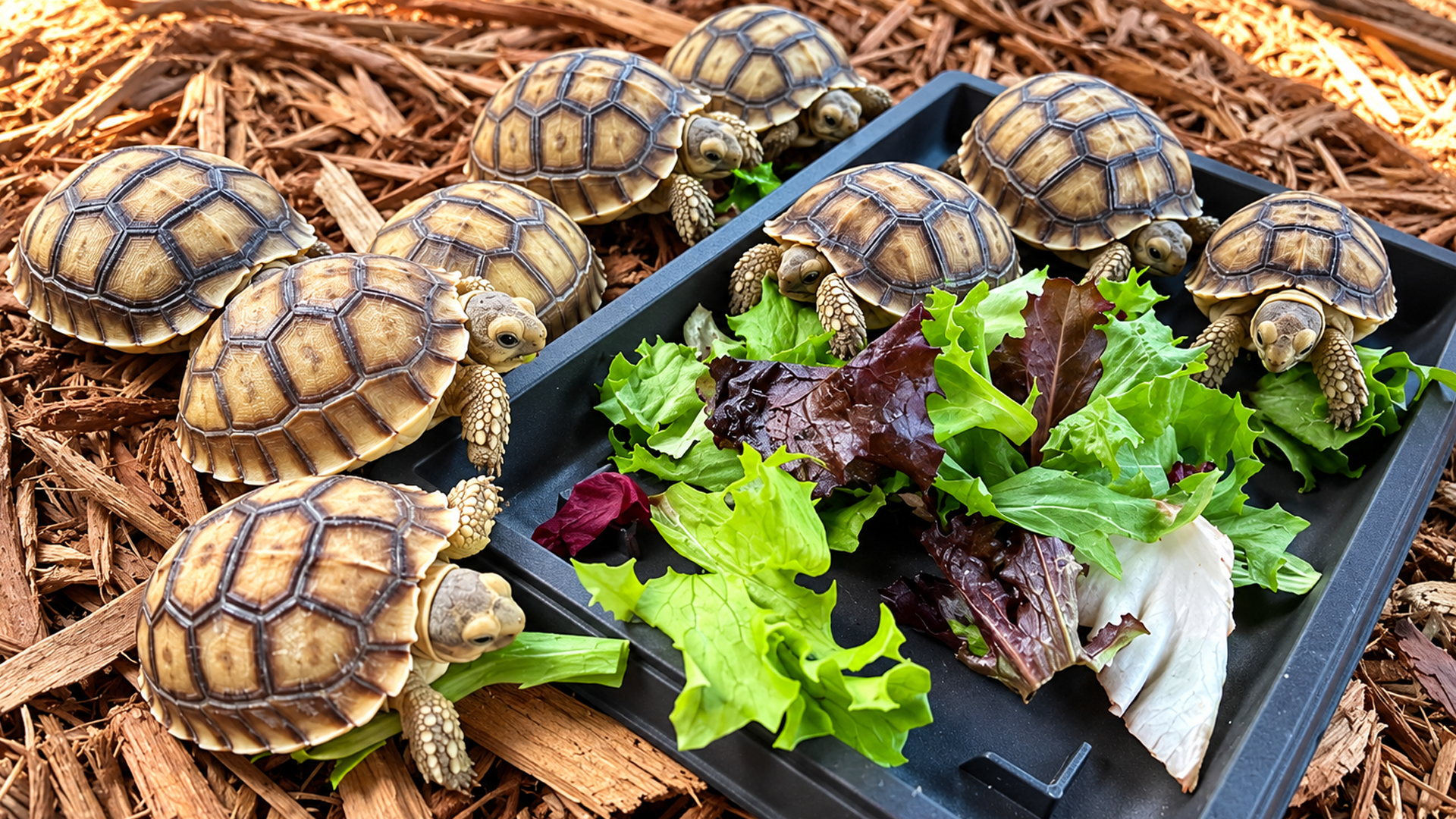A pile of lettuce gets these baby tortoises moving