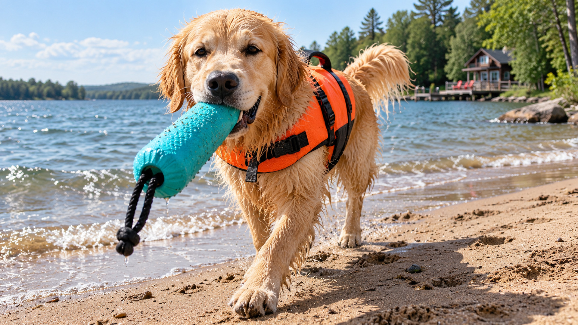 Golden retriever enjoys a sunny day by the lake