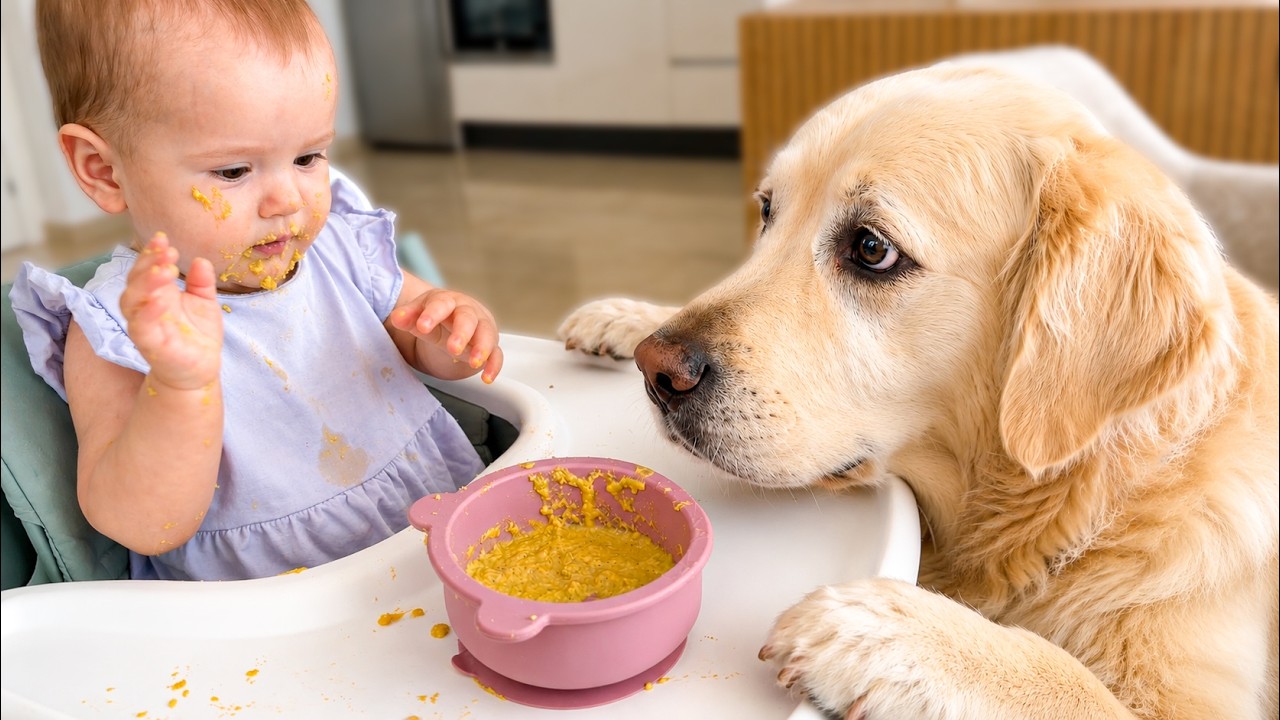 Golden retriever cannot stop watching baby eat