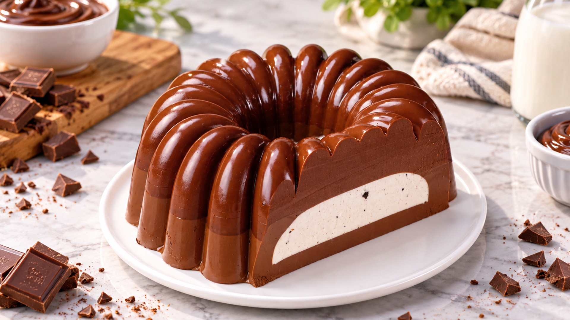 Chocolate jelly bundt cake with a white center