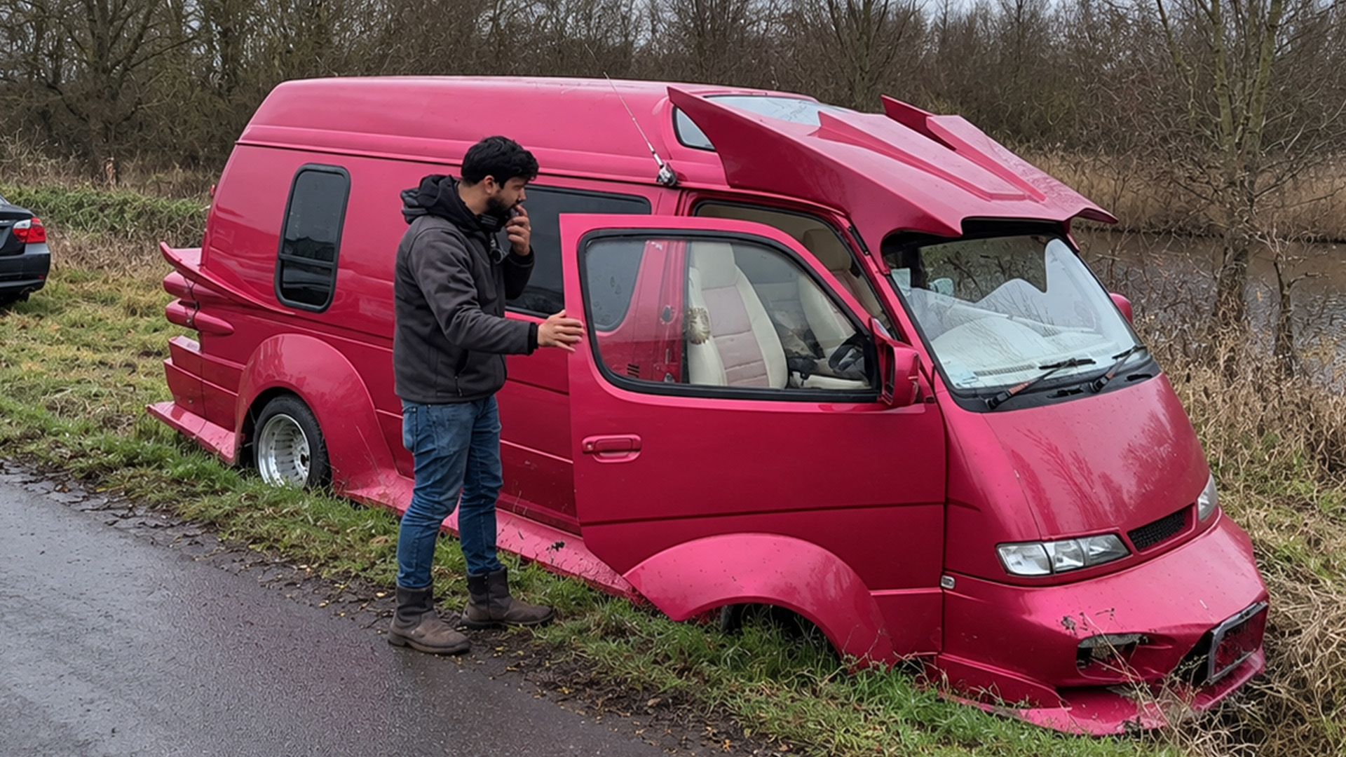 A strange pink custom van was found abandoned in a field