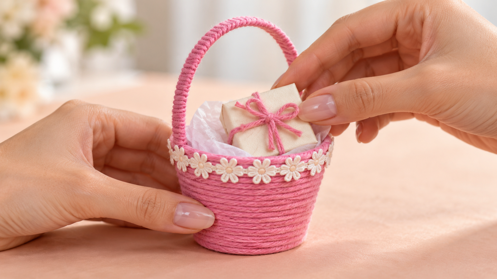 How to make a mini gift basket using paper cups and yarn