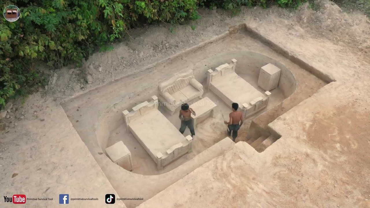 A sunken living room carved from earth