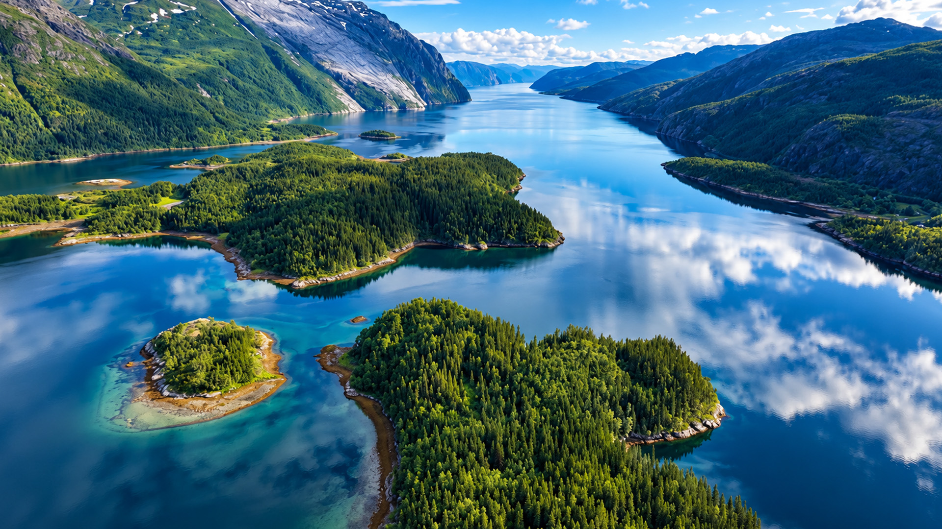 Green mountain peaks reflect across perfectly calm water