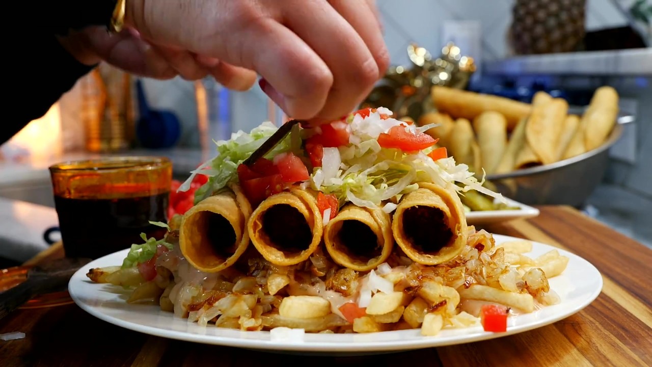 In-N-Out-style ground beef taquitos over fries