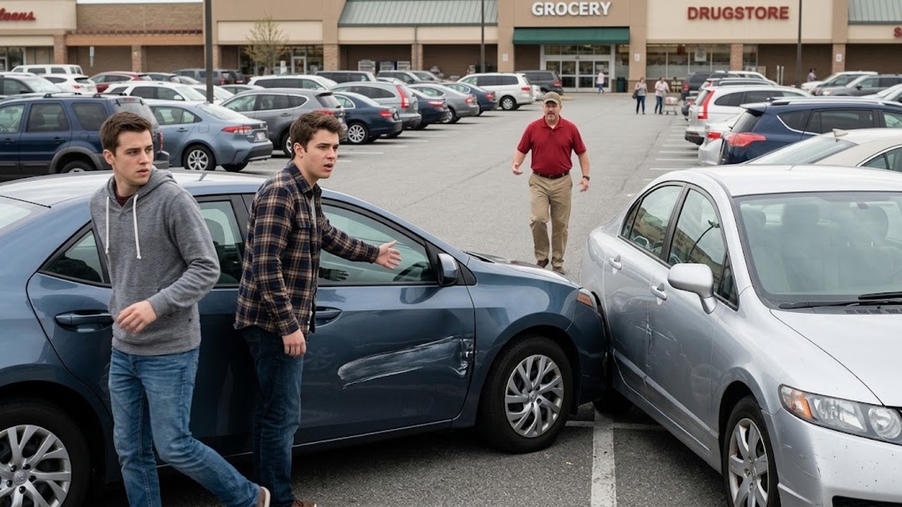 A driver hits a stranger's car in a parking-lot setup