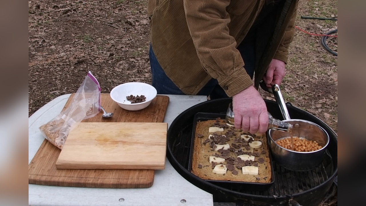Caramel chocolate chip pan cookies on the grill