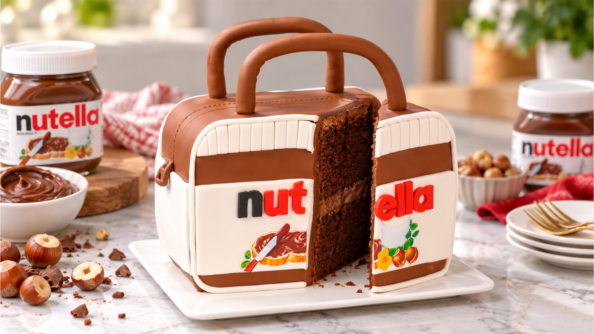 Turning a chocolate cake into a giant Nutella jar