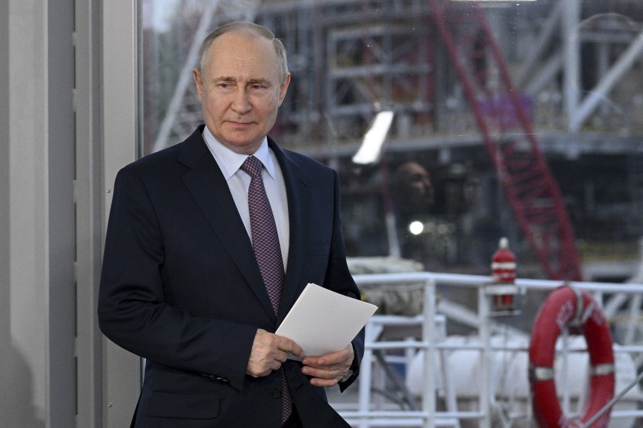 Russian President Vladimir Putin at an Arctic LNG2 project in Belokamenka, Russia.