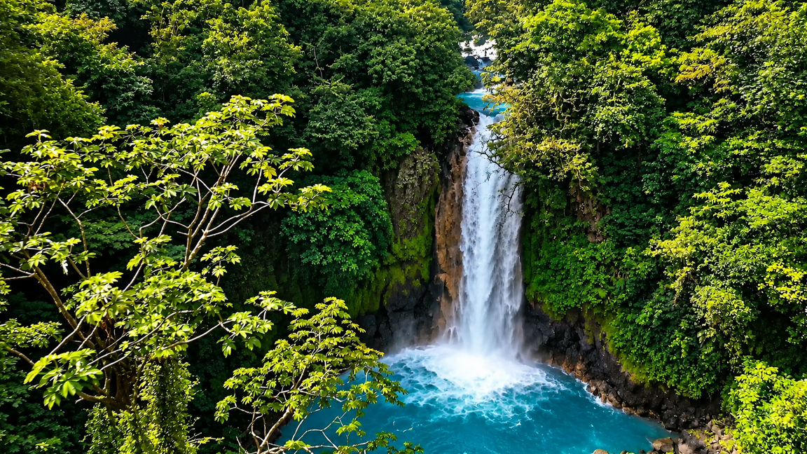 A hidden tropical waterfall surrounded by lush rainforest and turquoise ...