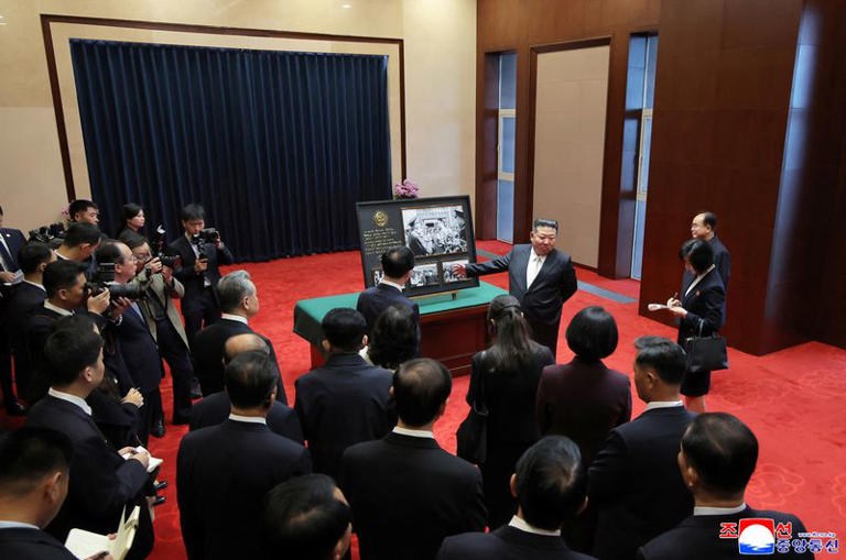 North Korean leader Kim Jong Un gestures during a visit to the Memorial Hall of the War to Resist US Aggression and Aid Korea in Dandong, Liaoning province, China, October 24, 2026, in this photo released by North Korea's Korean Central News Agency (KCNA). KCNA via REUTERS