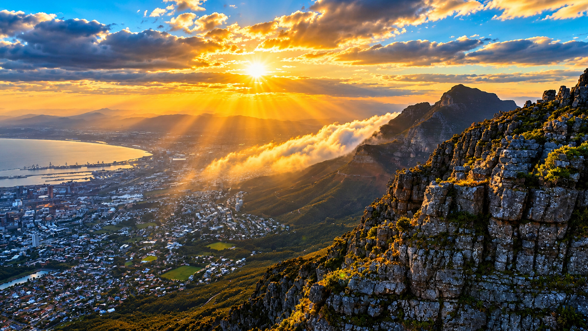 Golden sunset over Cape Town with spectacular mountain and ocean views