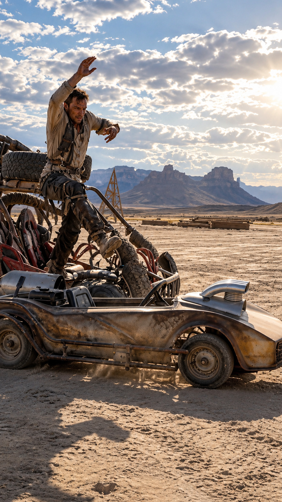 A buggy slams into a stunt rig in the desert