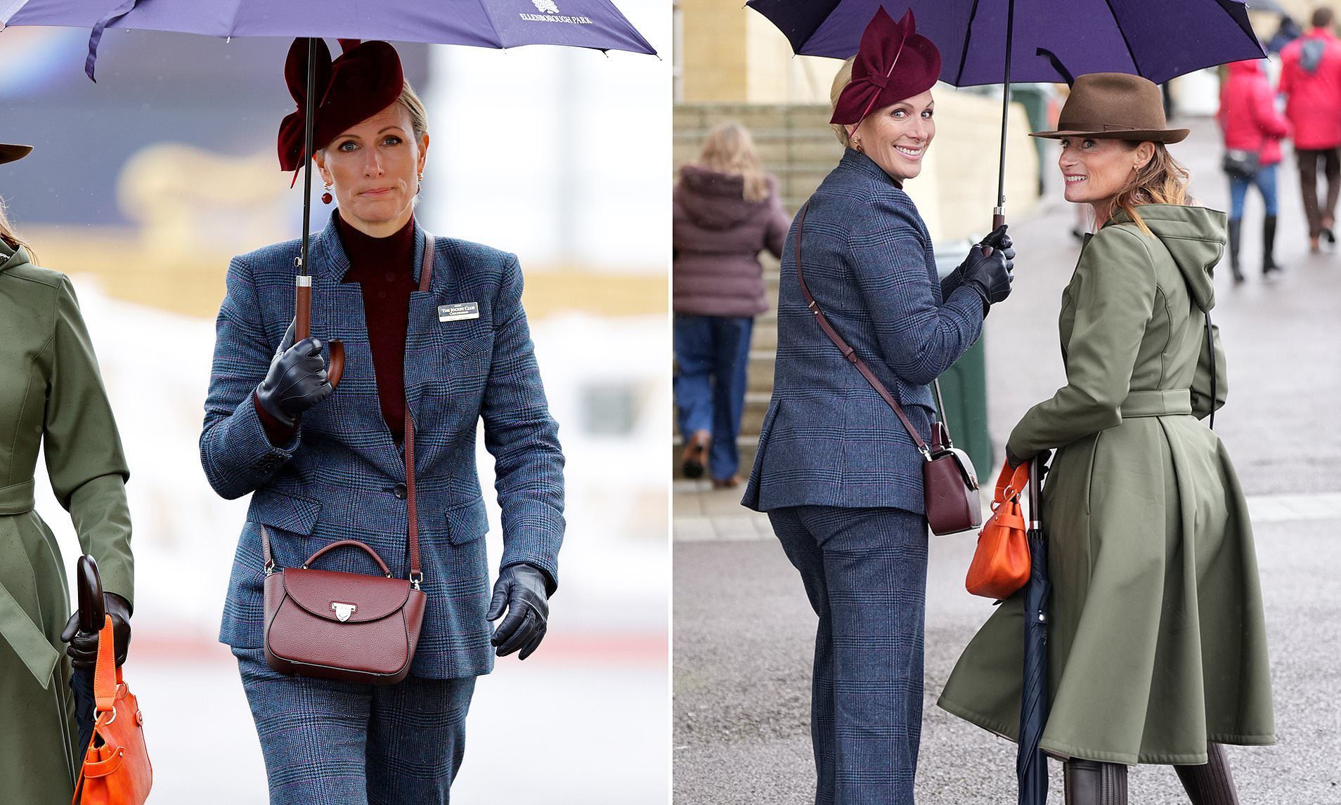 Looking brolly good! Zara Tindall braves the rain at Cheltenham races ...