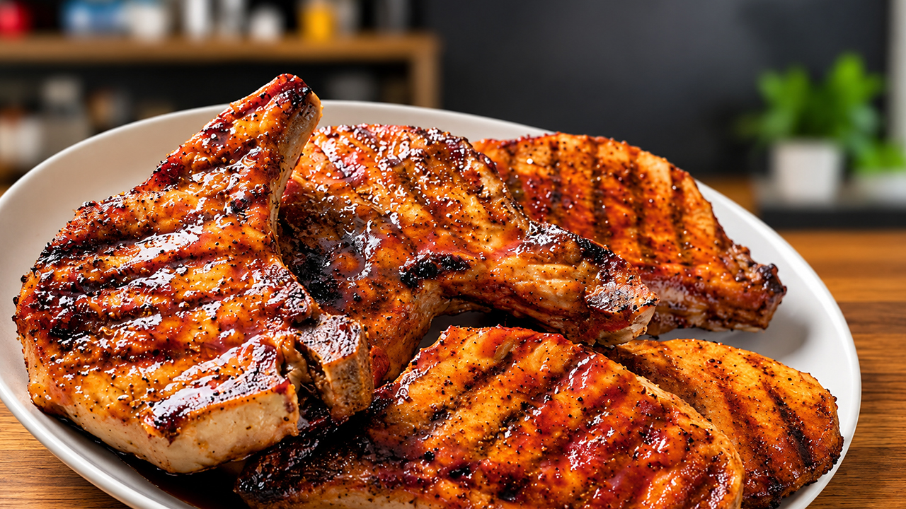 Stainless steel skillet browns barbecue pork chops