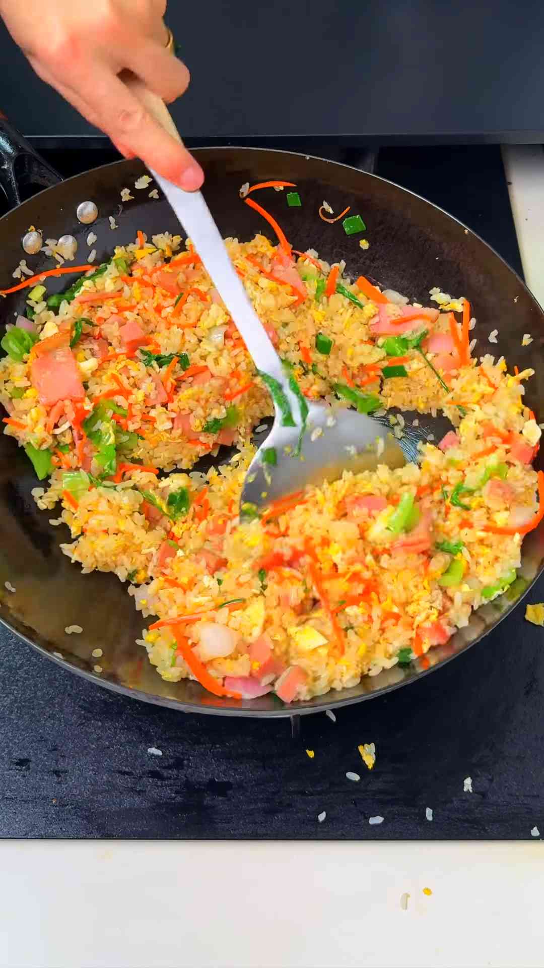 Bacon and spam fried rice with savory flavor