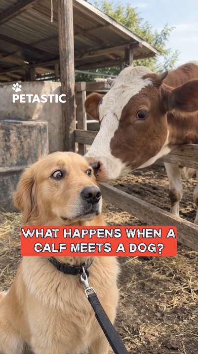 Golden retriever puzzled by calf licking its ear on farm