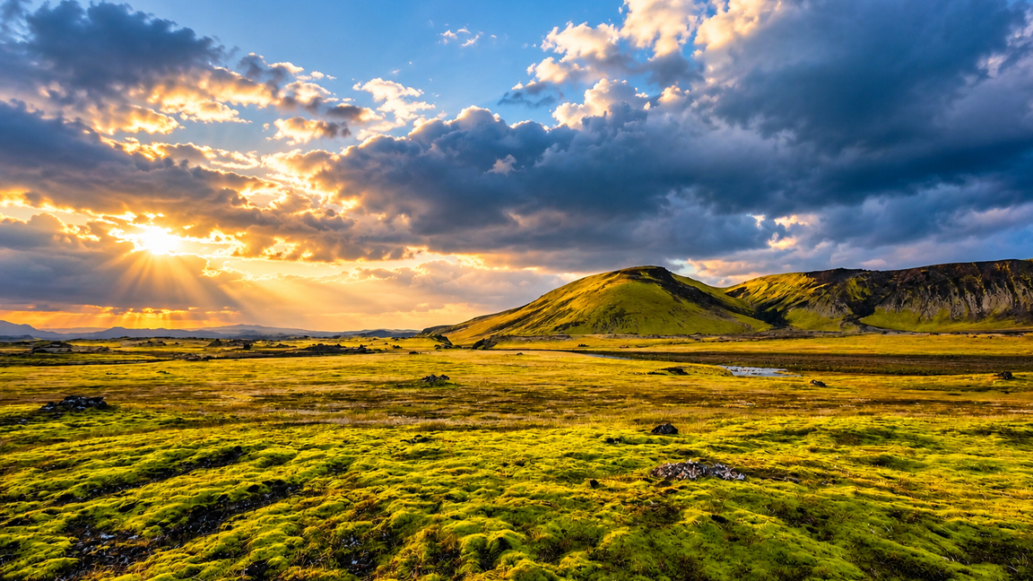 Golden sunlight breaking through dramatic clouds over a vast green ...