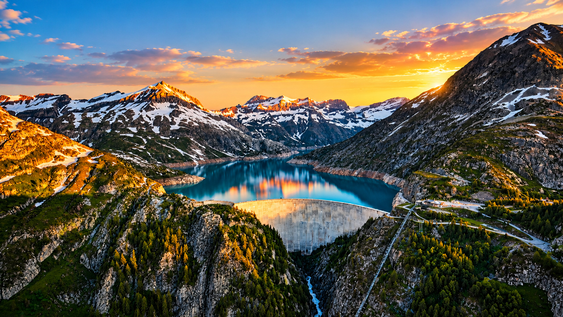 Como esta enorme barragem segura um lago entre montanhas cobertas de neve?