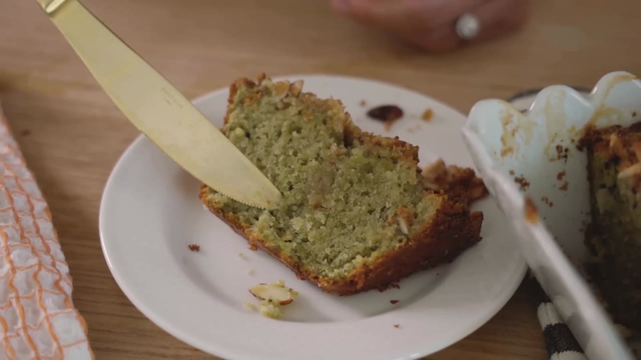 This homemade matcha loaf gets its crunch from a simple almond topping
