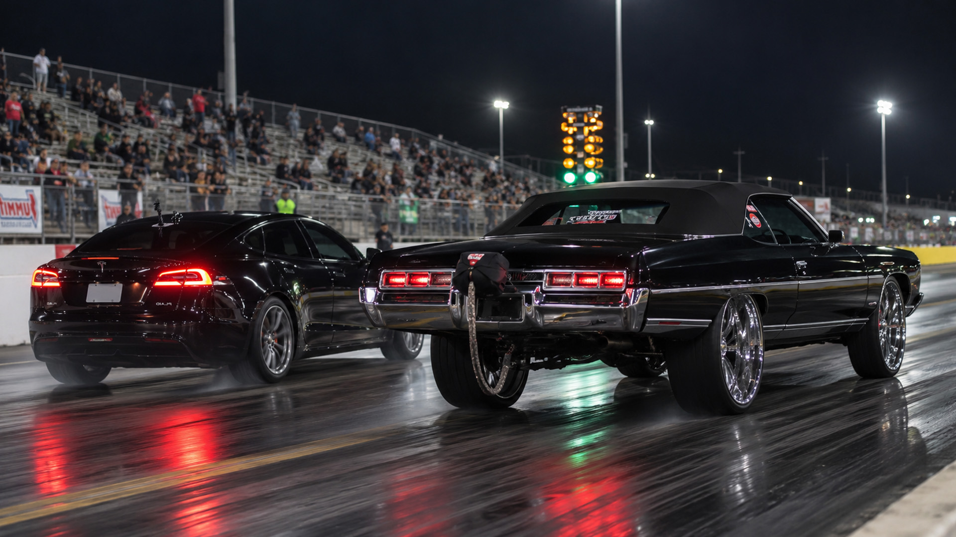 2,500HP Chevy Impala battles Tesla Model S Plaid drag race