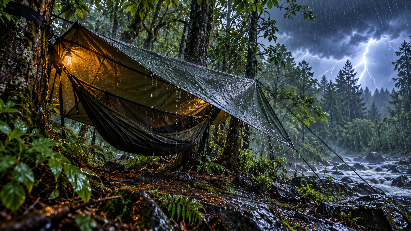 Solo hammock camping through heavy rain and a thunderstorm