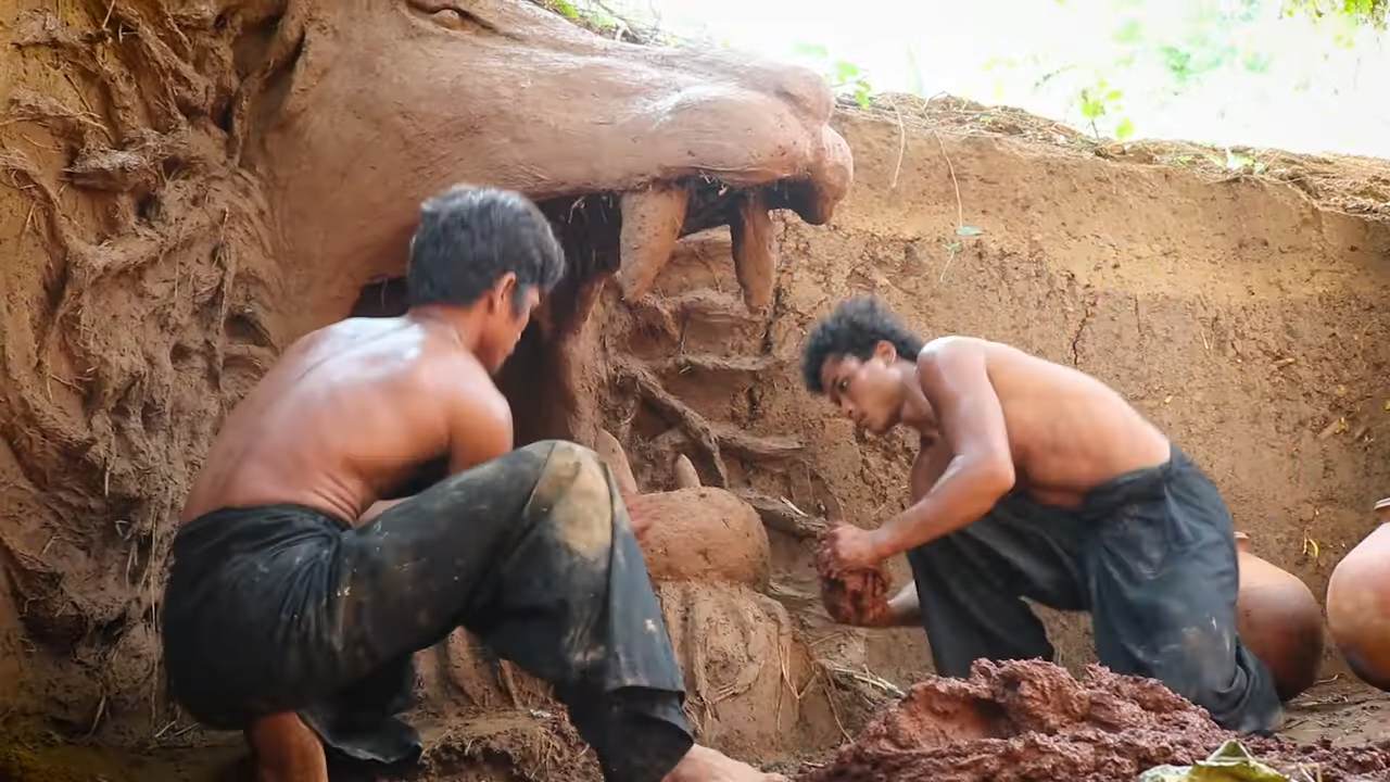 Builders dig underground homes, build a well, and raise fish by hand