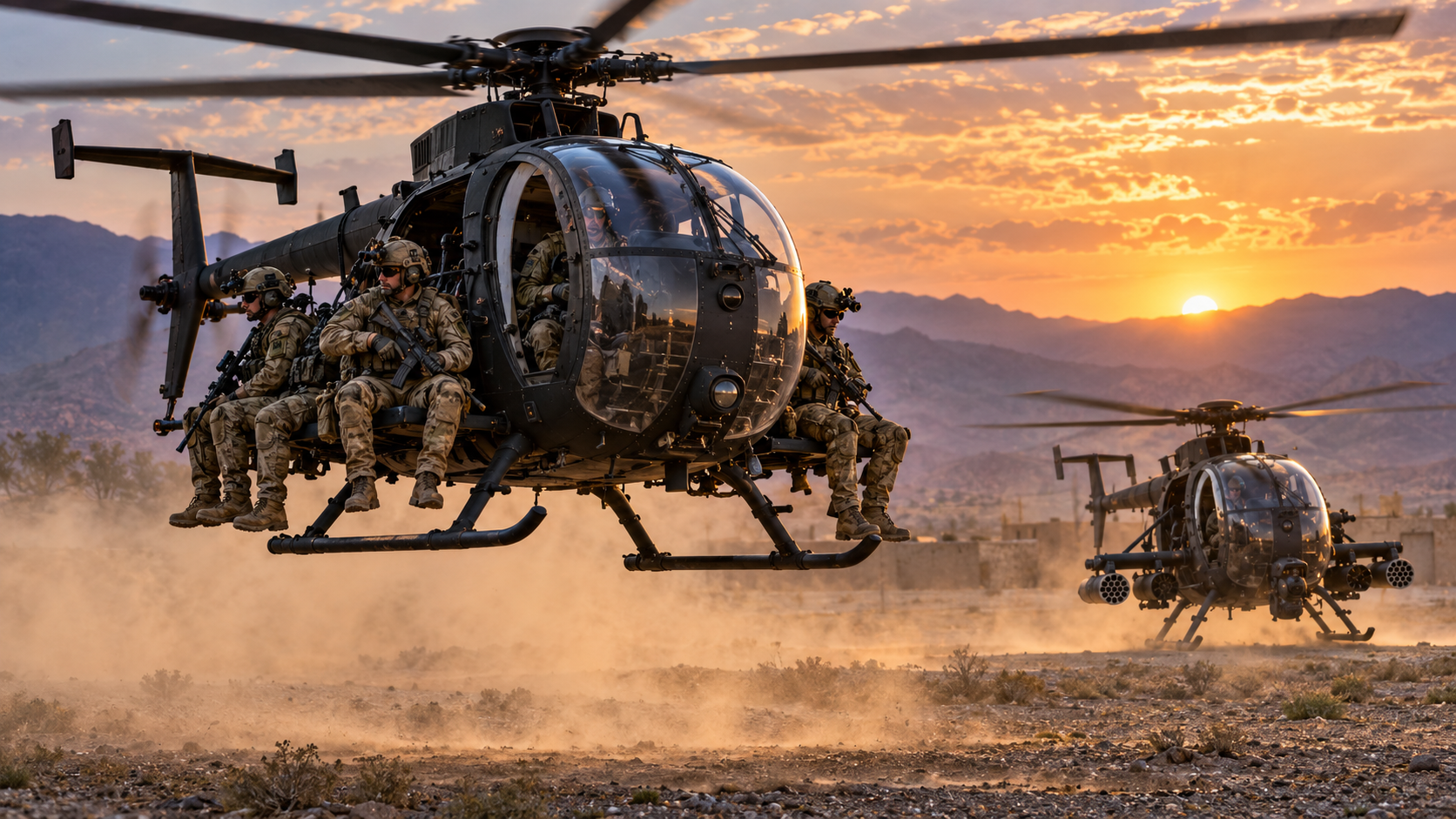 Military helicopters built to carry troops and hunt targets