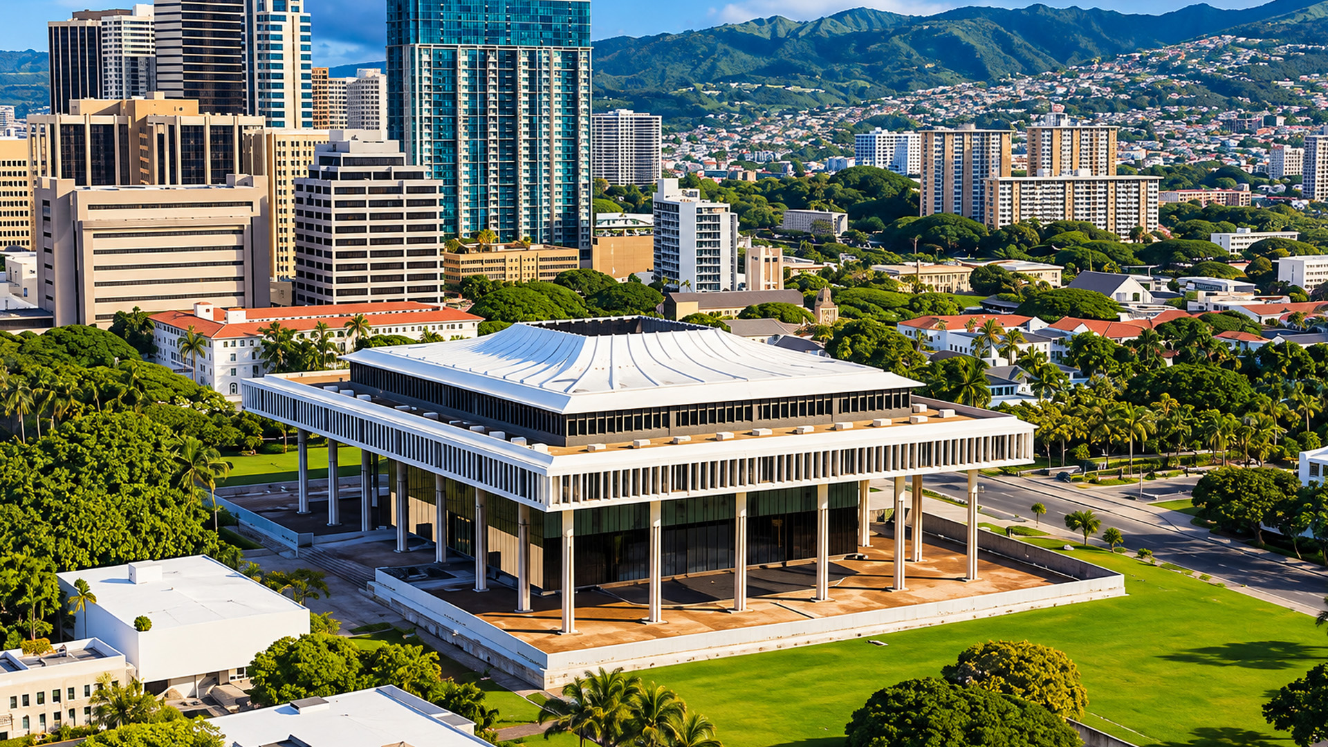 Hawaii State Capitol creates a strong geometric landmark against ...