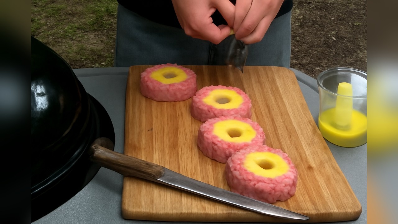 A cook grills a Hawaiian bacon burger at the pit