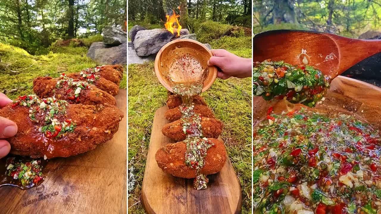 Crispy chicken breast stuffed with spicy melted cheese and cooked outdoors