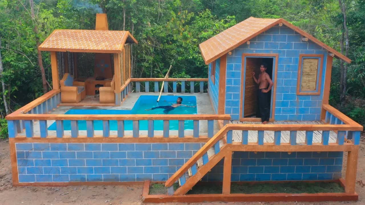 Primitive builders create a mud house and swimming pool by hand