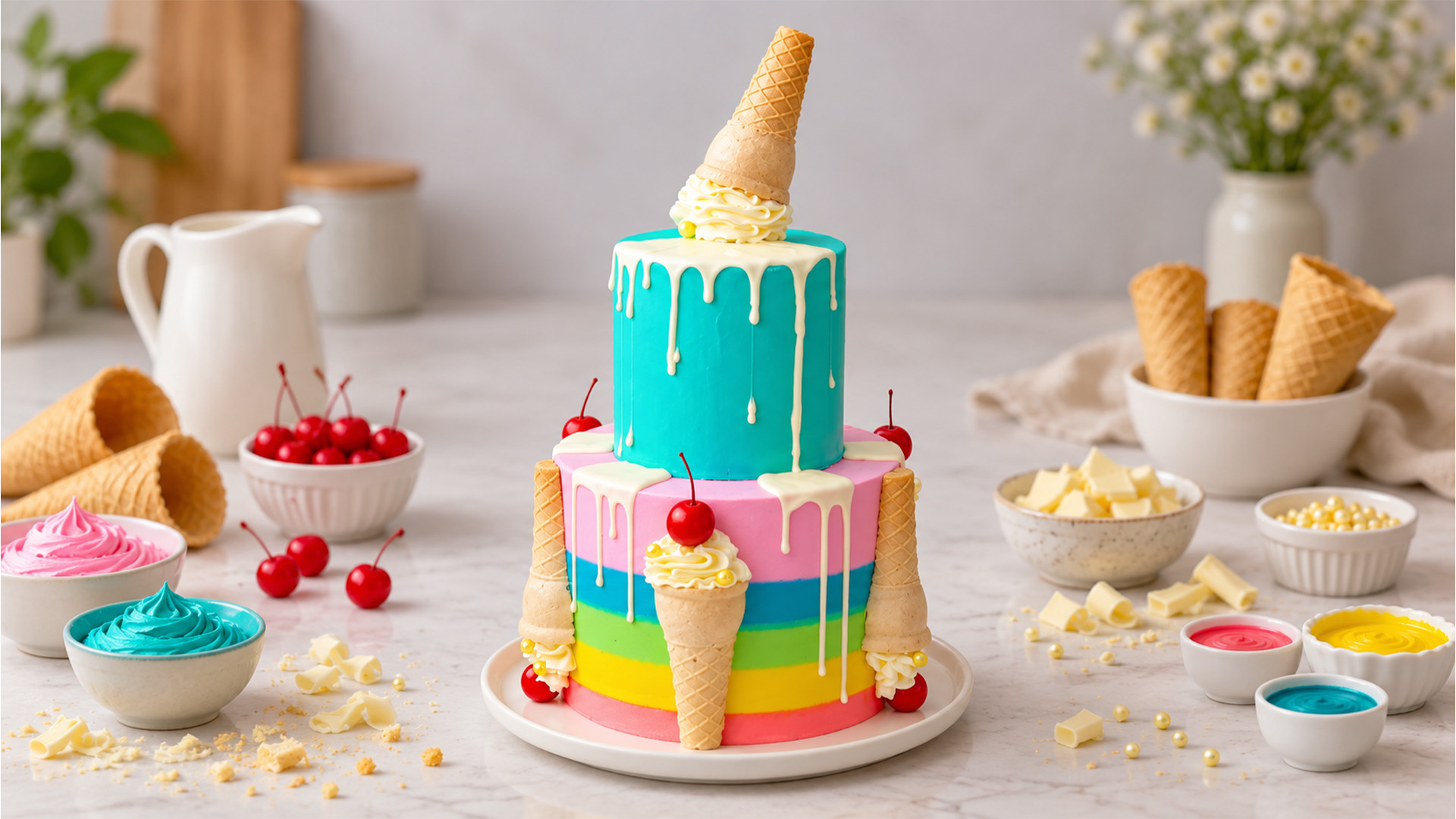Colourful ice cream cone cake with cherries