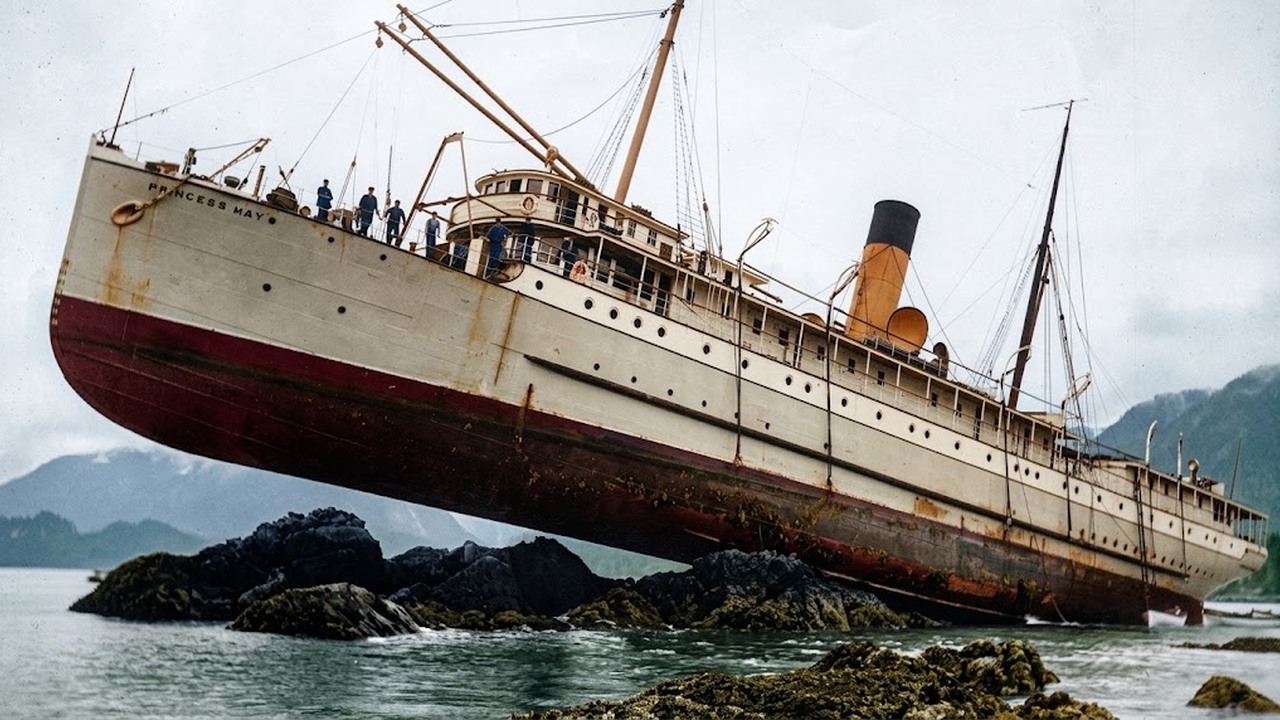 A passenger ship was left hanging on rocks in Alaska then a photograph ...