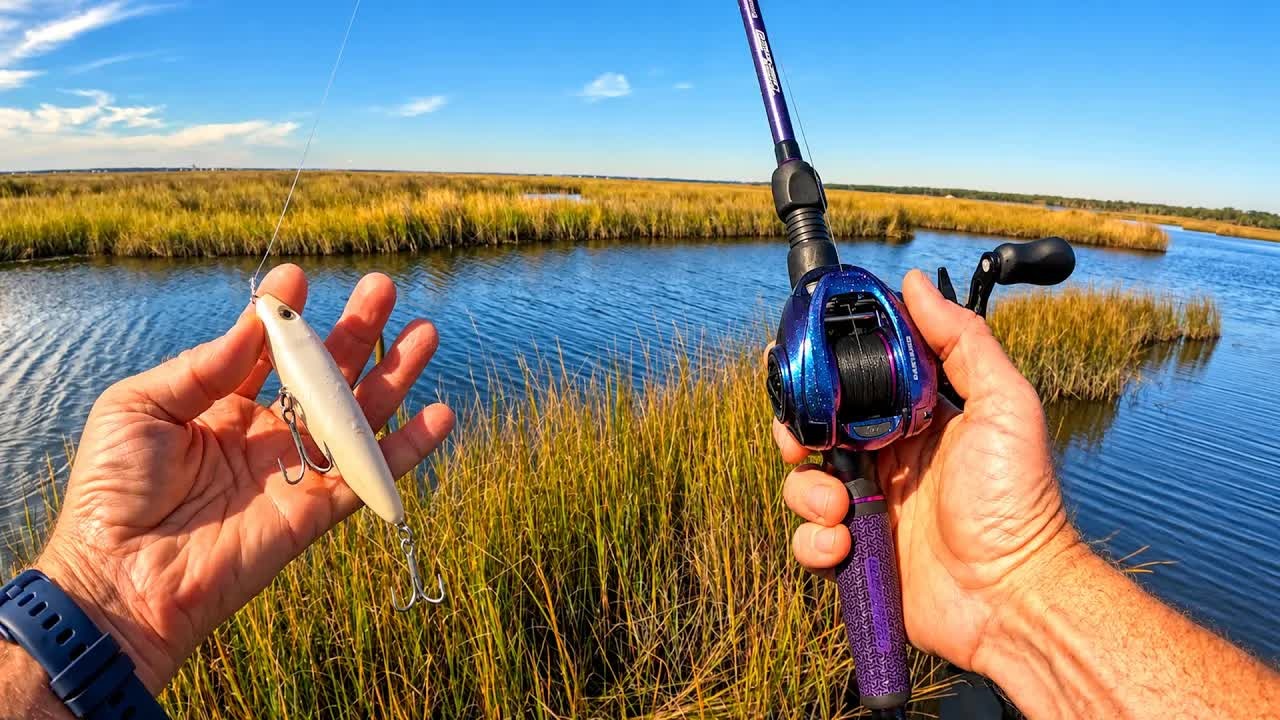 Redfish chase a topwater lure through a narrow Florida marsh creek