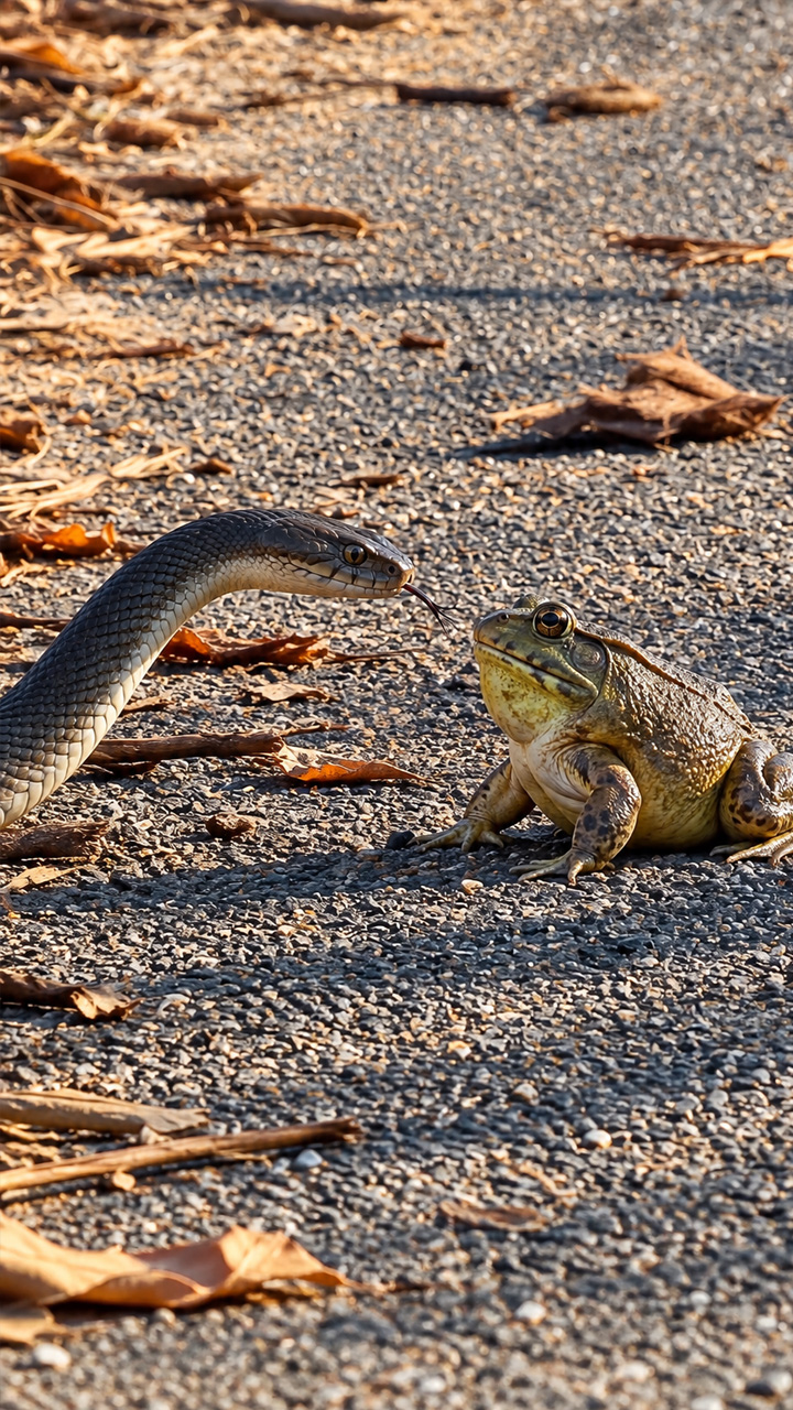 Bullfrog fends off snake in close wildlife battle