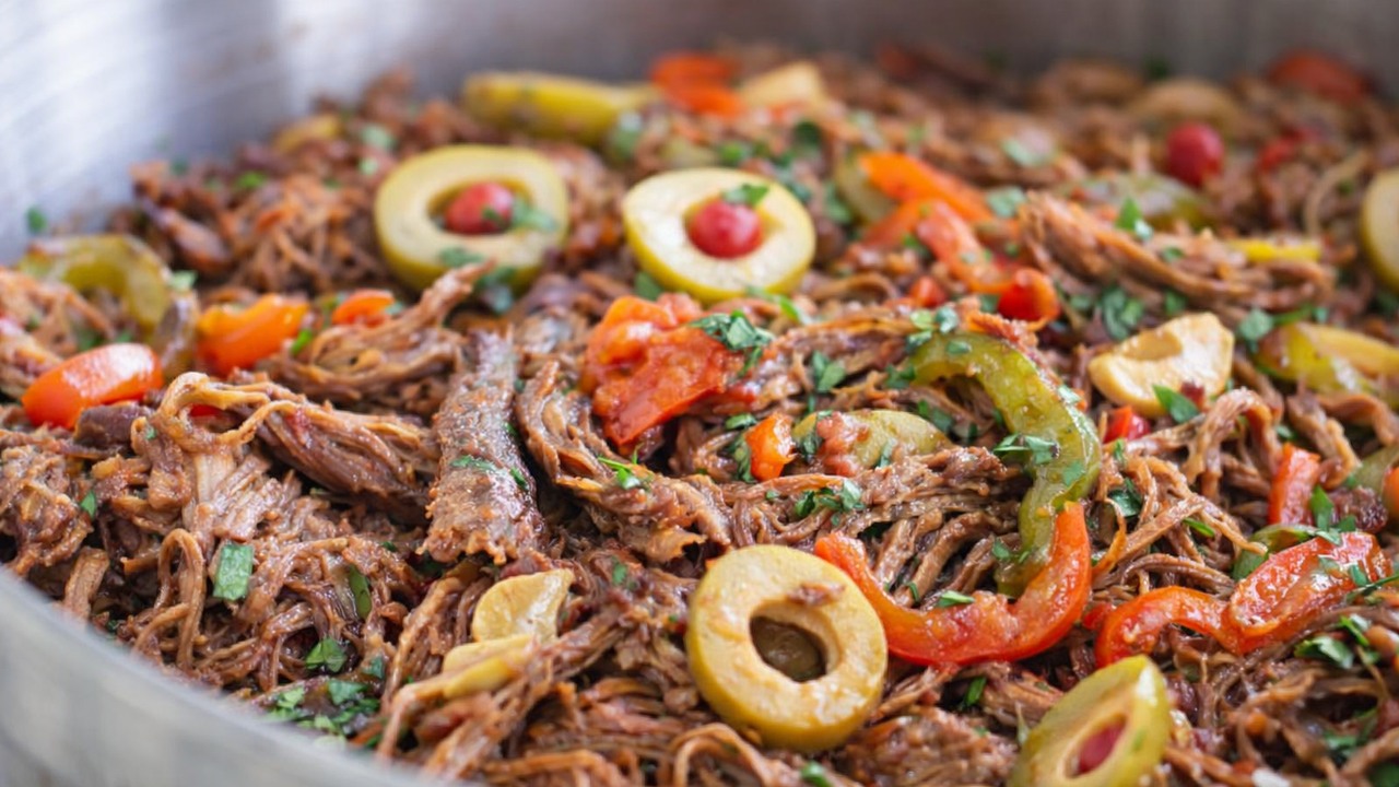 Slow-cooked Cuban ropa vieja with tender beef and vegetables