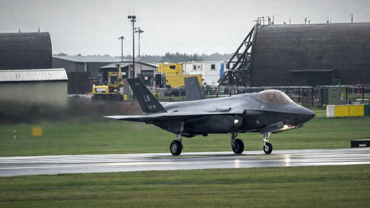 F-35A takeoff footage shows the jet's engine blasting runway puddles as ...