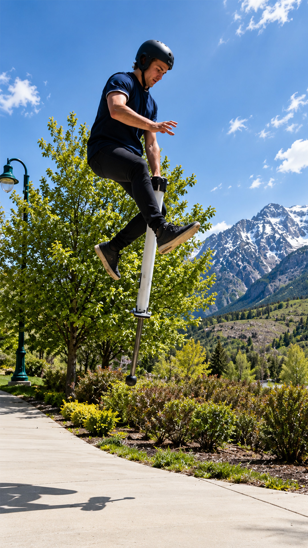 A pogo stick rider makes a huge jump above a valley