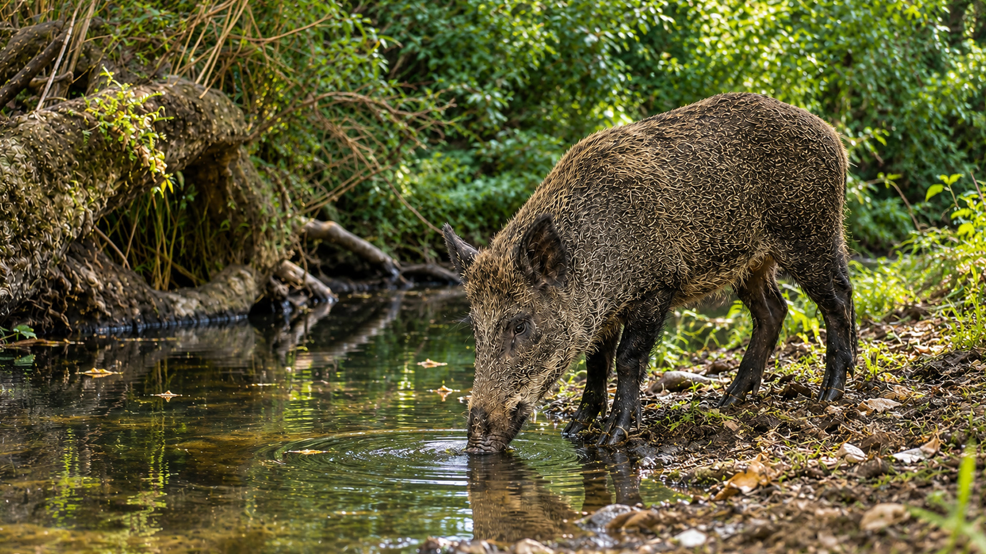 What uses this shaded forest waterhole when no one is around?