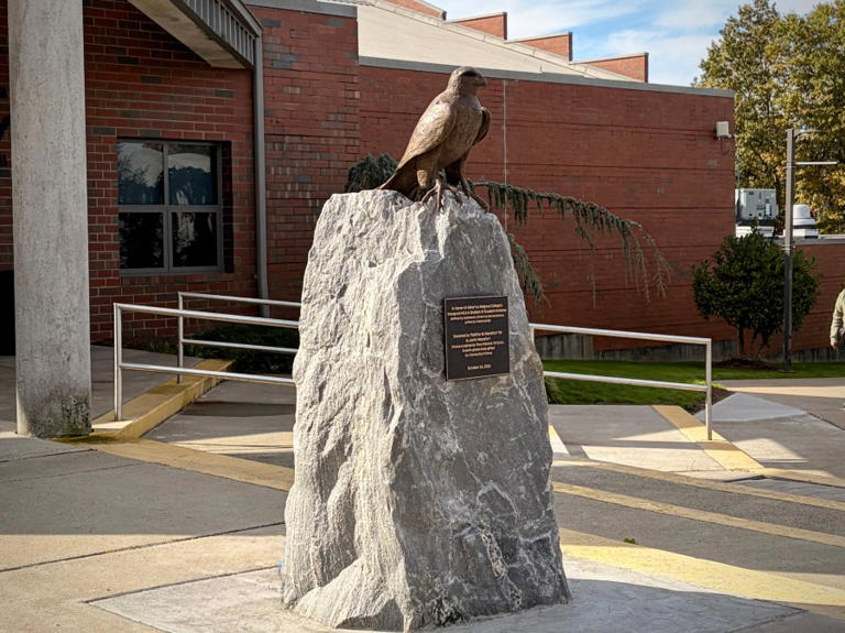 Albertus Magnus College unveils bronze falcon statue