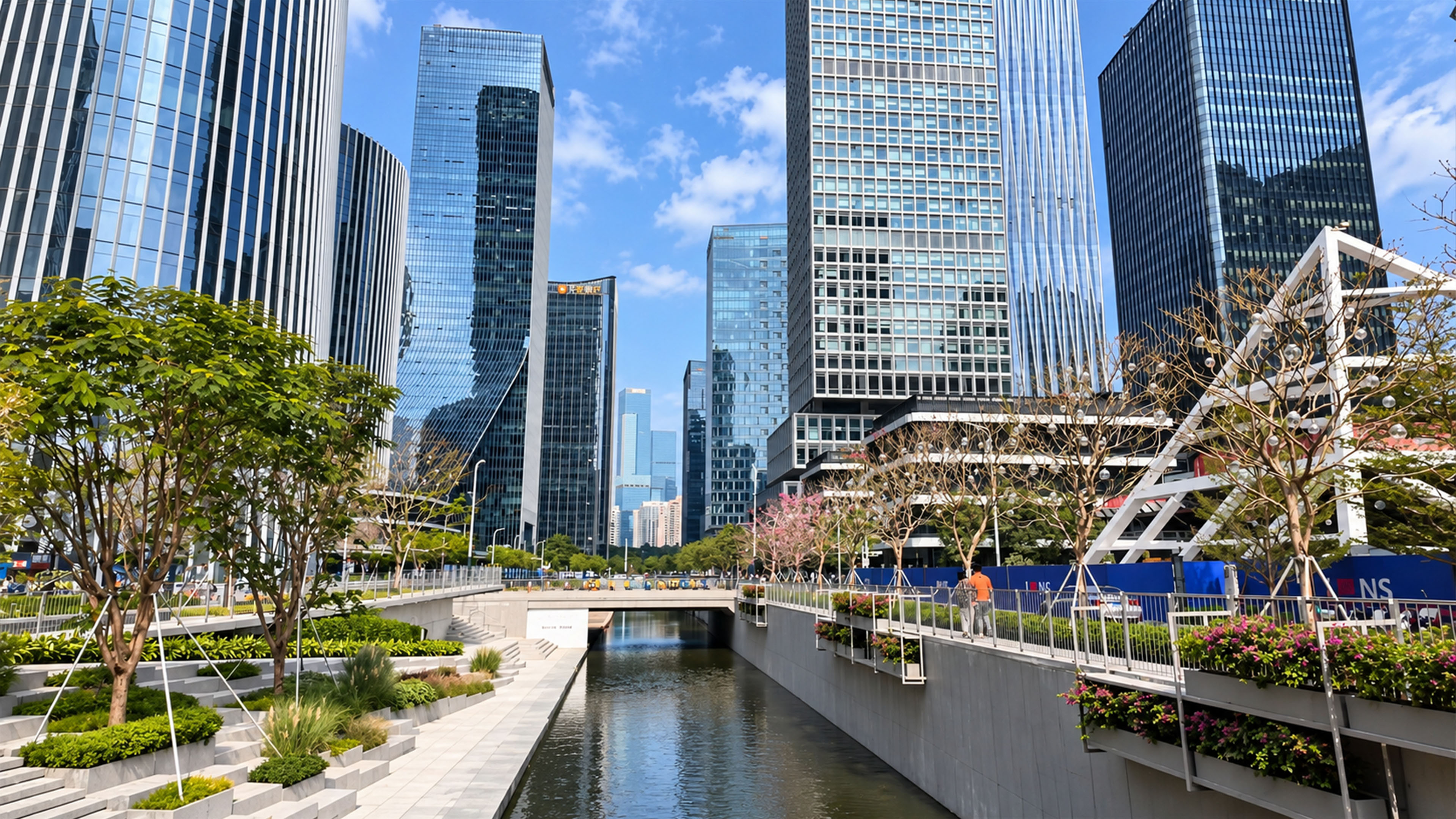 This modern business district in China has a sunken canal
