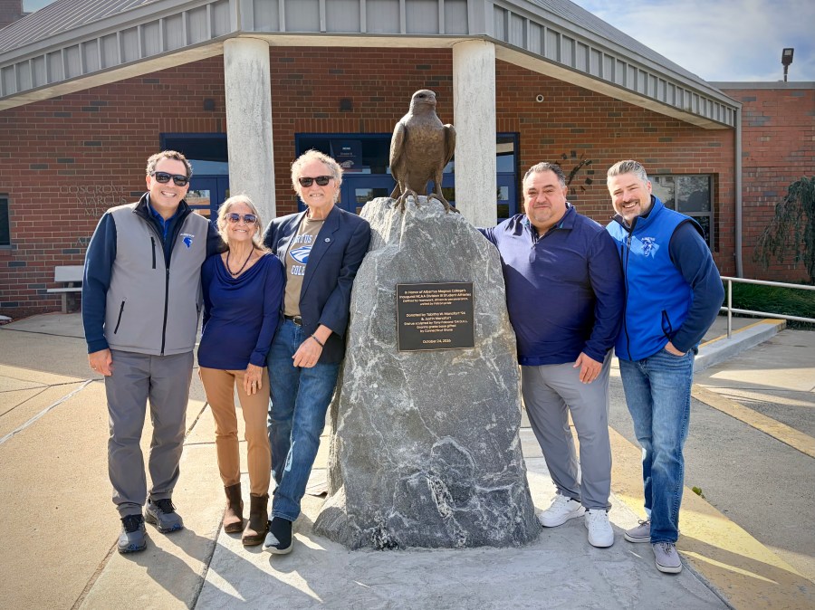 Albertus Magnus College unveils bronze falcon statue