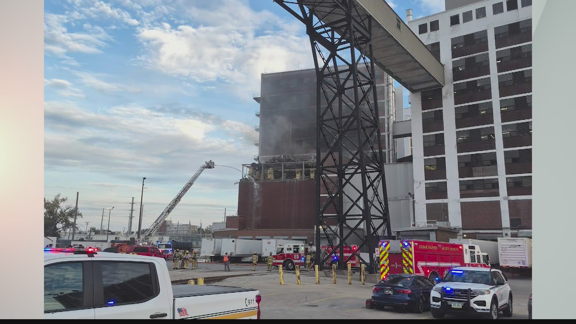 Evidence of explosion after fire at Quaker Oats building in Cedar Rapids