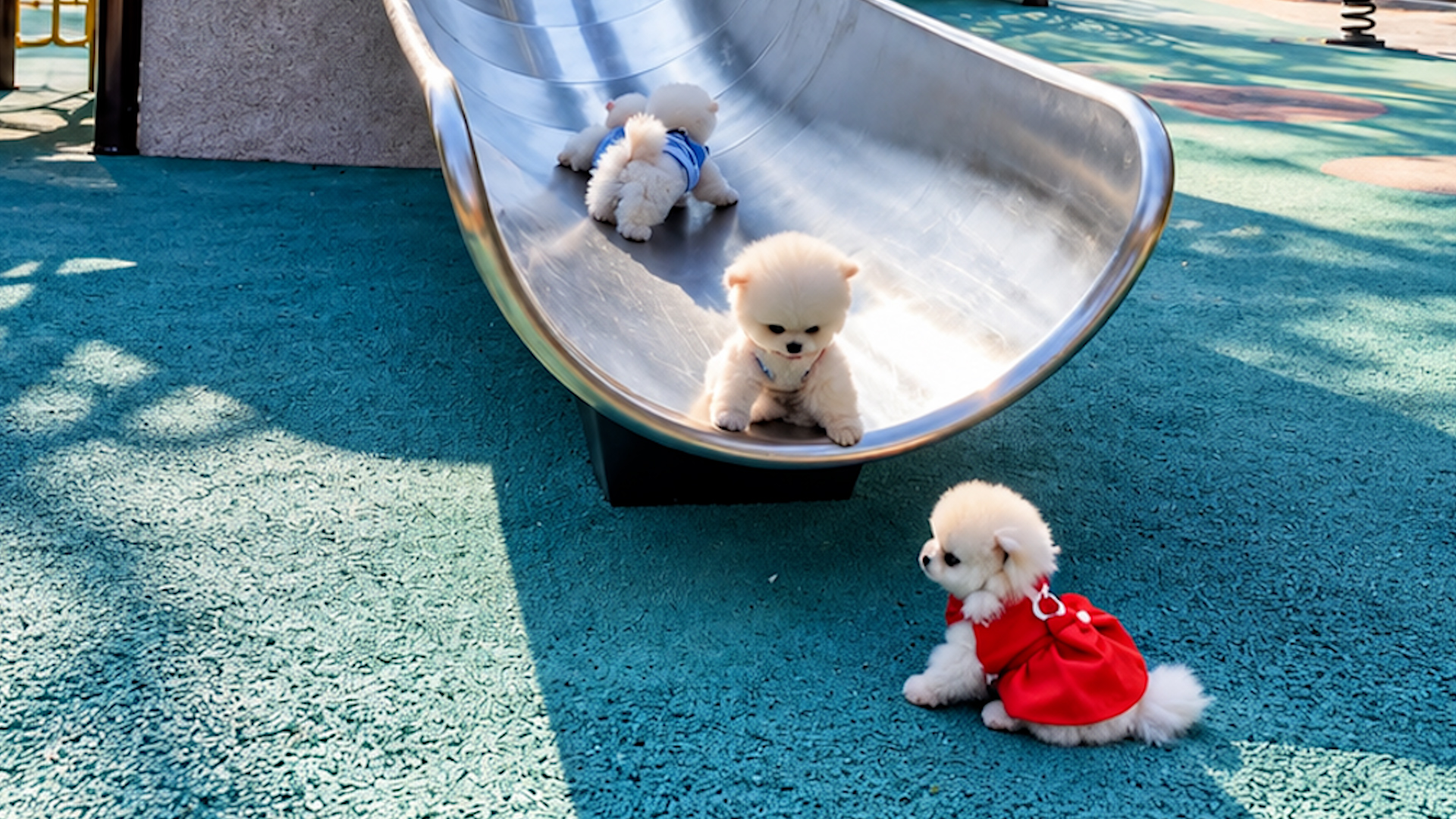 Three baby Pomeranians on a slide are too cute
