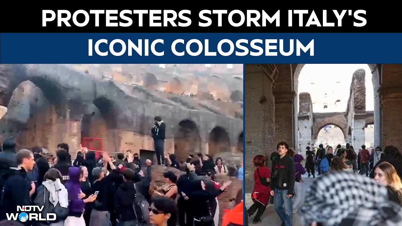 Italy protests | Protesters storm Colosseum, wave Palestinian flags ...